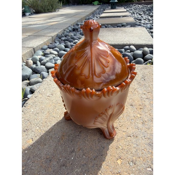Antique Greentown Chocolate Slag Glass Leaf and Bracket Footed Covered Sugar Bow